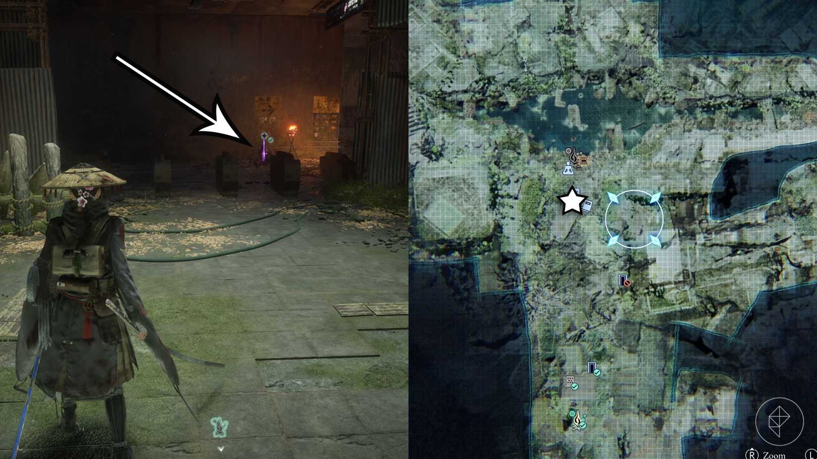 A montage of two Beast of Reincarnation images showing the location of a electronic brain
