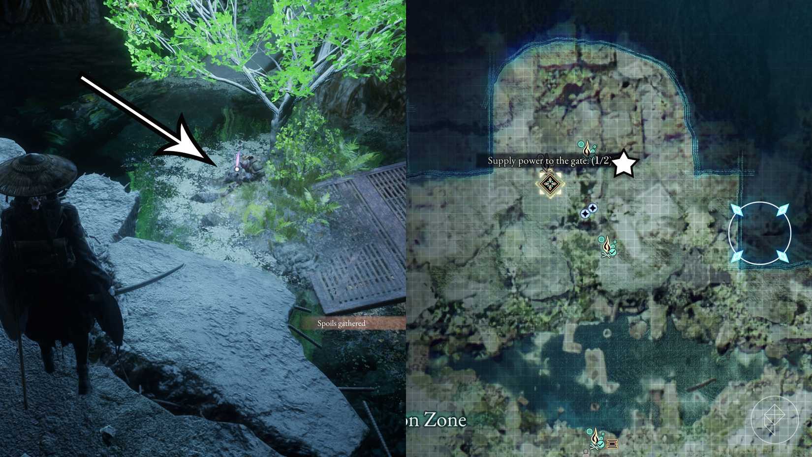 A montage of two Beast of Reincarnation images showing the location of a electronic brain