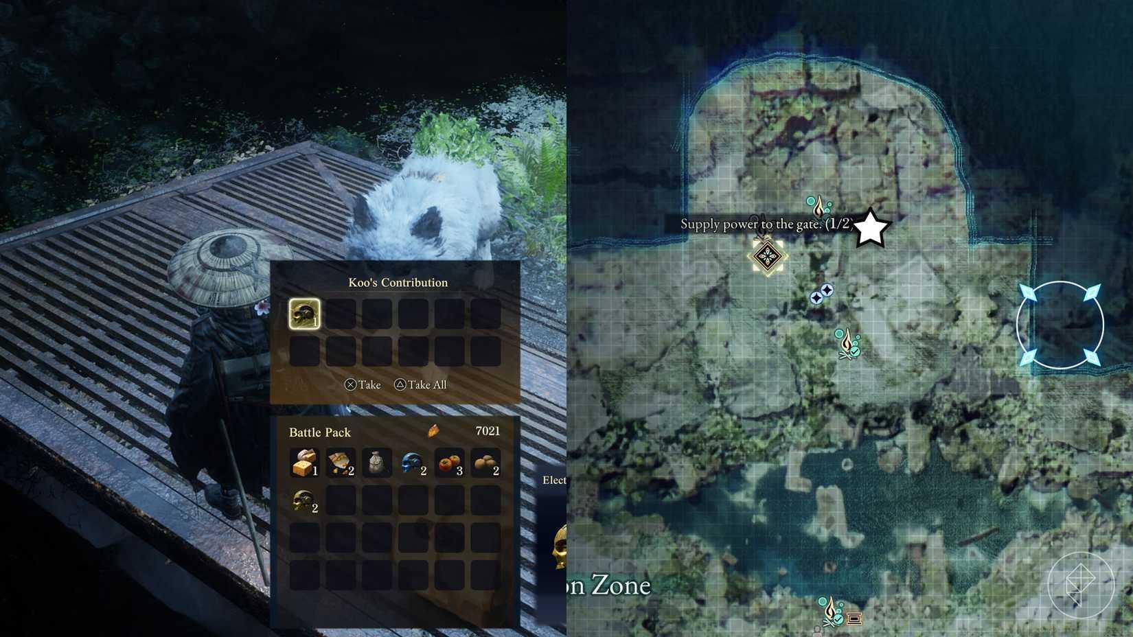 A montage of two Beast of Reincarnation images showing the location of a electronic brain