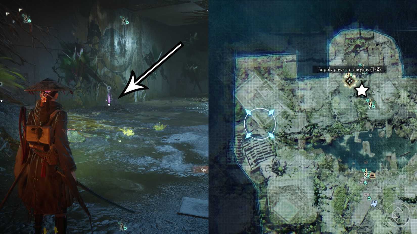 A montage of two Beast of Reincarnation images showing the location of a electronic brain