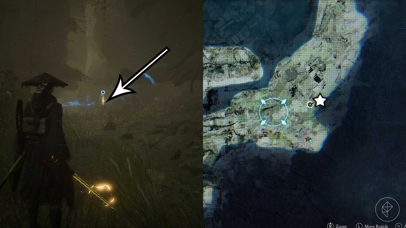 A montage of two Beast of Reincarnation images showing the location of a electronic brain