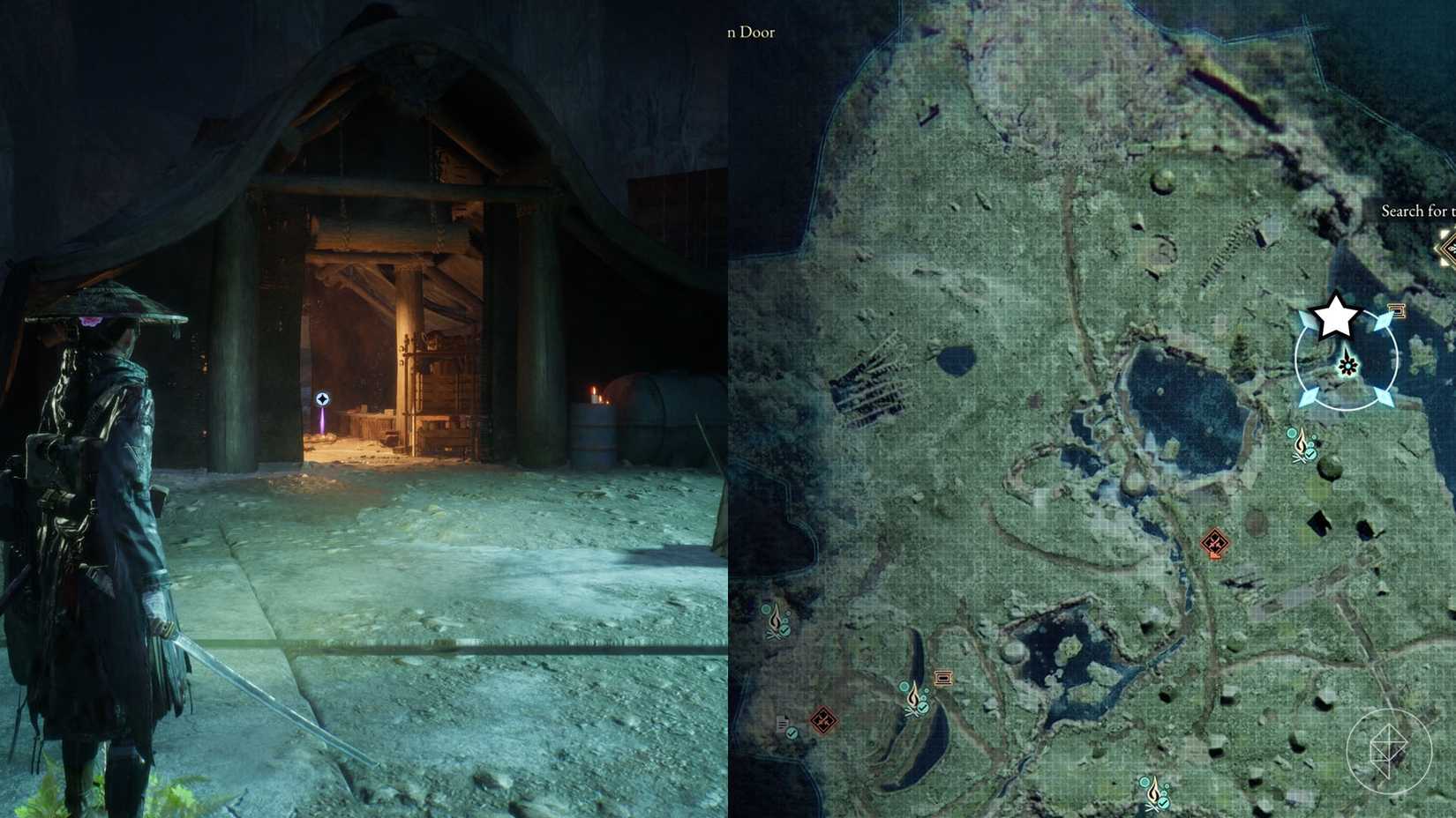 A montage of two Beast of Reincarnation images showing the location of a electronic brain