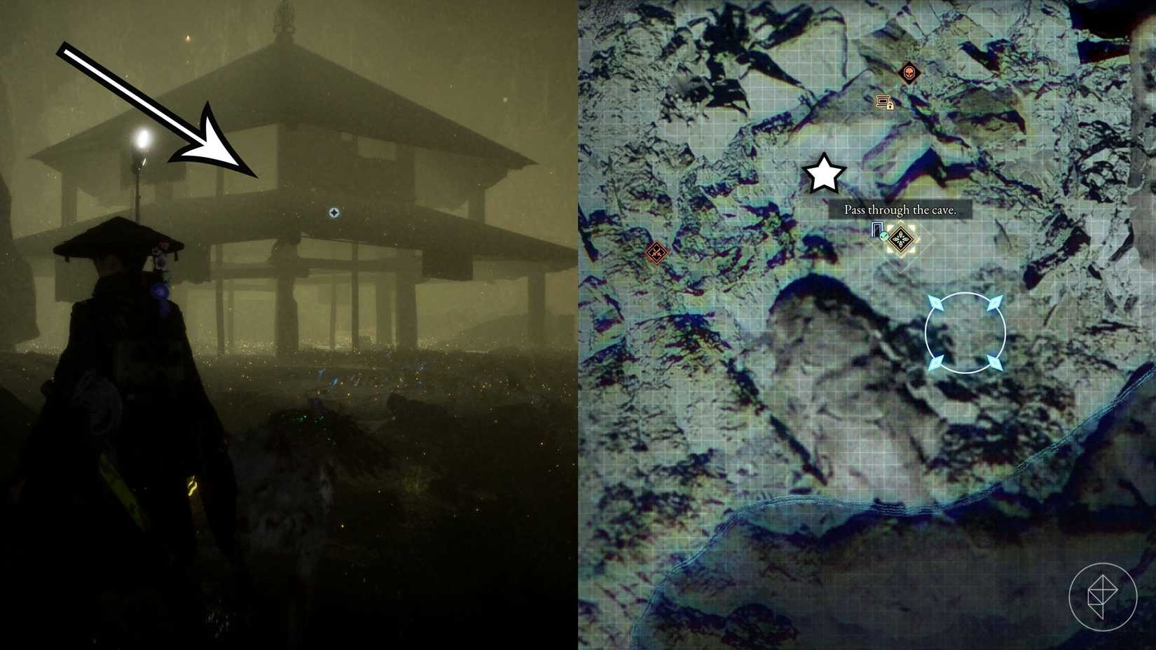 A montage of two Beast of Reincarnation images showing the location of a electronic brain