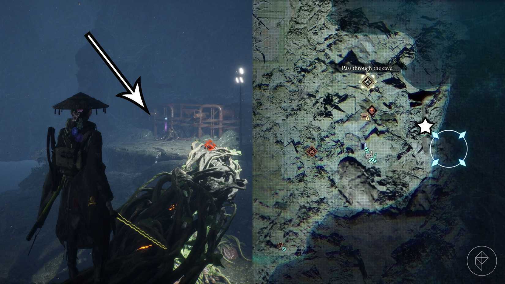 A montage of two Beast of Reincarnation images showing the location of a electronic brain