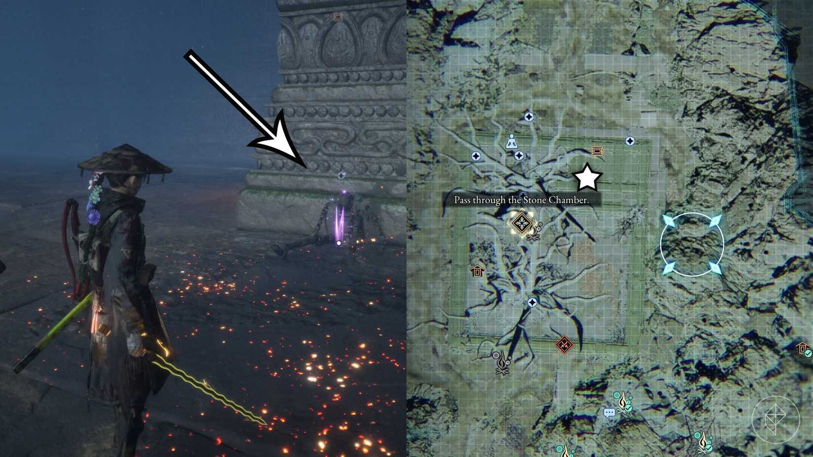 A montage of two Beast of Reincarnation images showing the location of a electronic brain