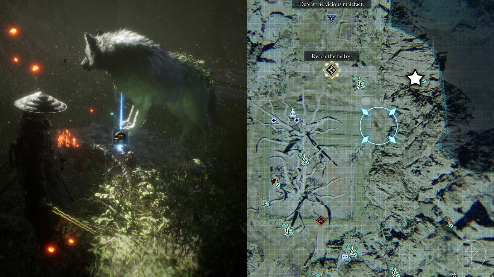 A montage of two Beast of Reincarnation images showing the location of a electronic brain