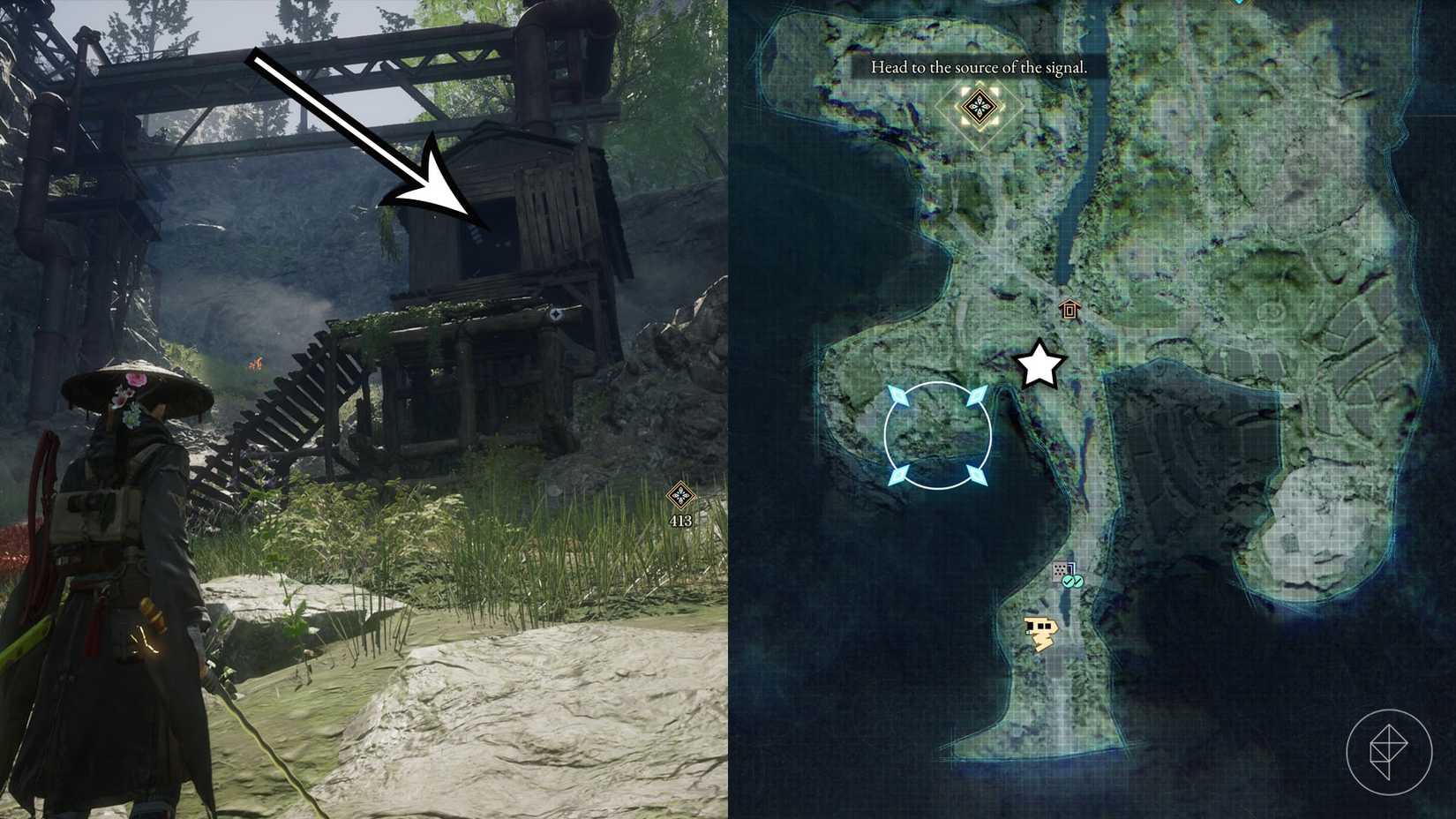 A montage of two Beast of Reincarnation images showing the location of a electronic brain