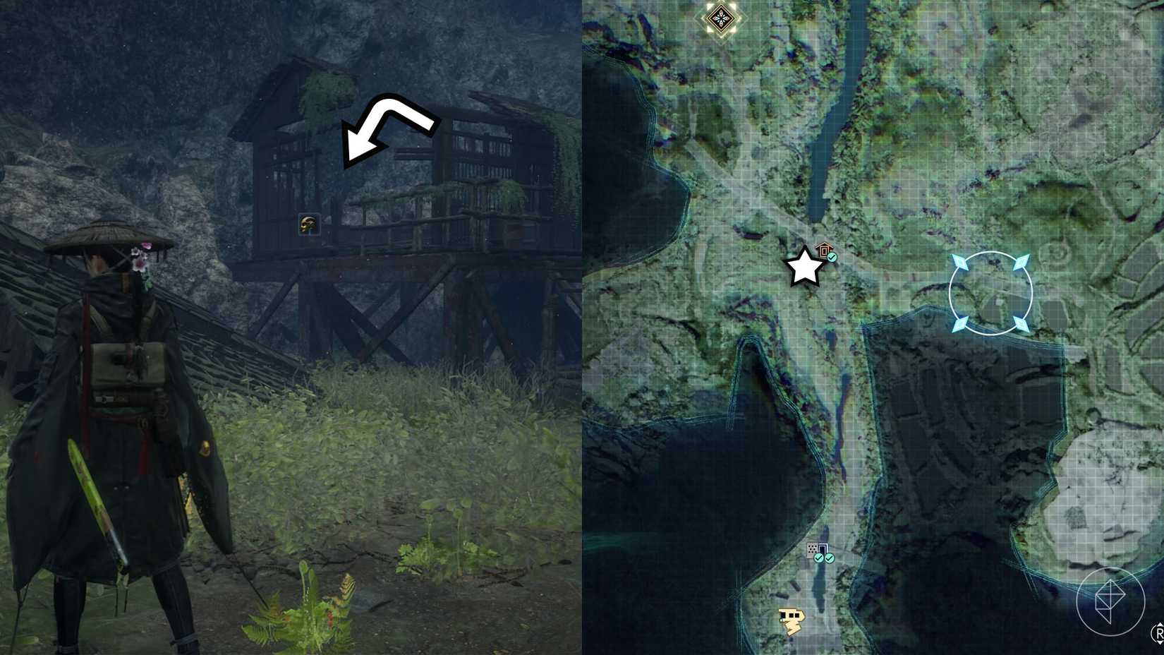 A montage of two Beast of Reincarnation images showing the location of a electronic brain