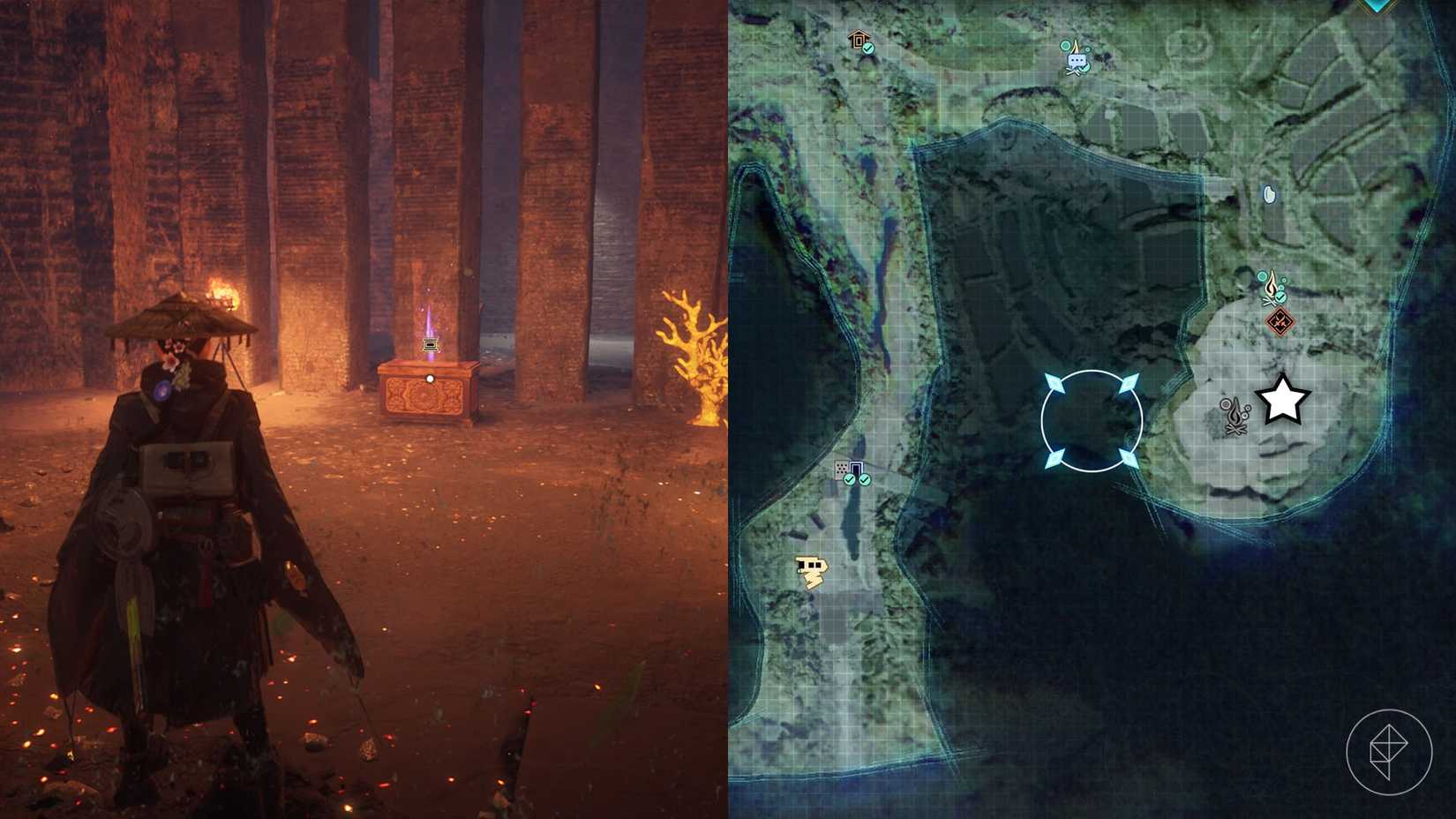 A montage of two Beast of Reincarnation images showing the location of a electronic brain