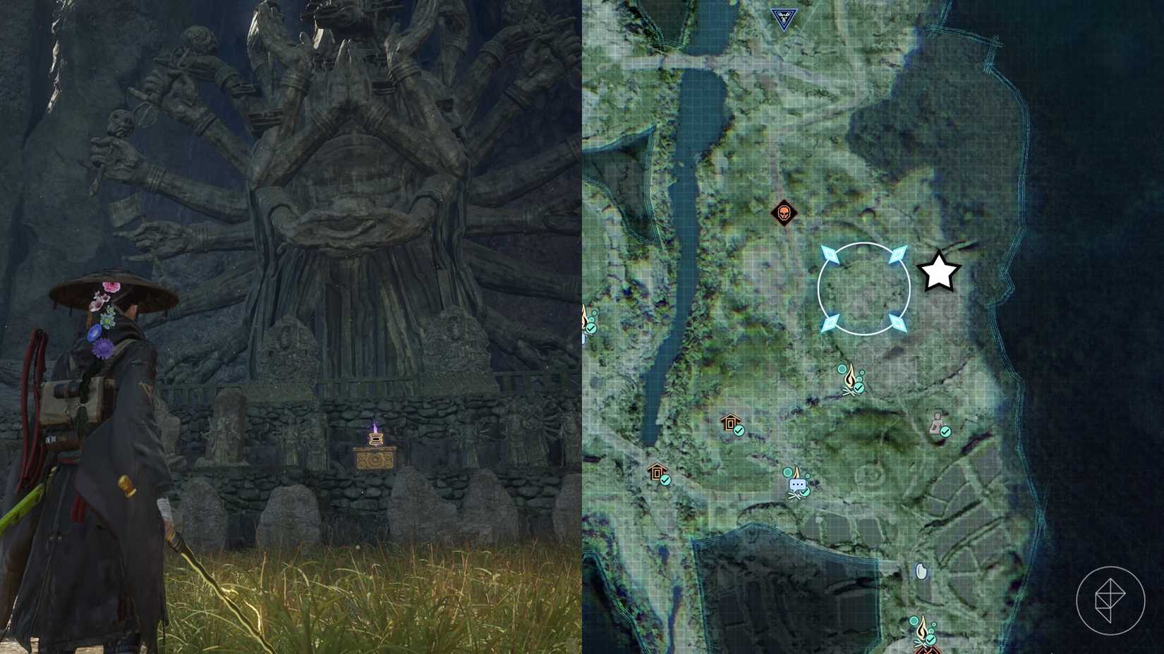 A montage of two Beast of Reincarnation images showing the location of a electronic brain