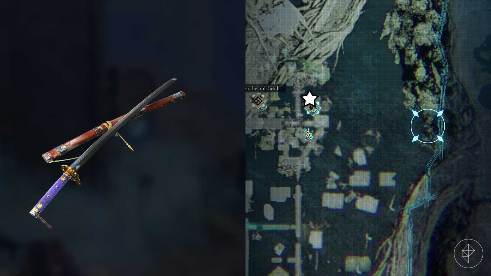 A montage of two Beast of Reincarnation images showing the location of the Fall Thunder sword