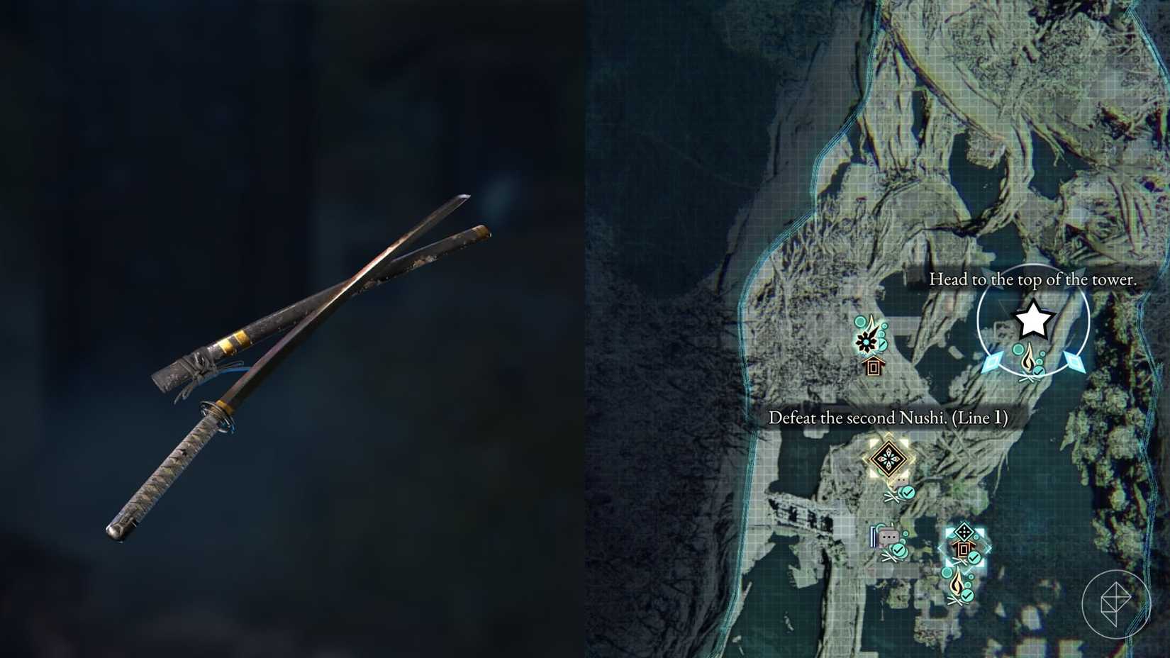 A montage of two Beast of Reincarnation images showing the location of the First Moon sword