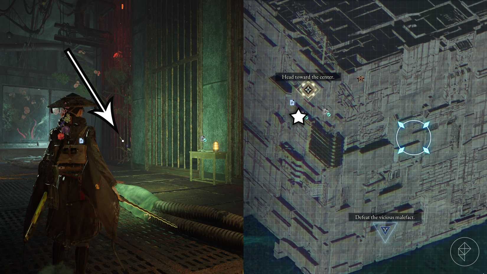 A montage of two Beast of Reincarnation images showing the location of the Hazebringer sword
