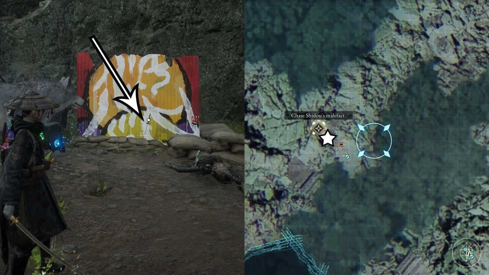 A montage of two Beast of Reincarnation images showing the location of the Shark Cutter sword