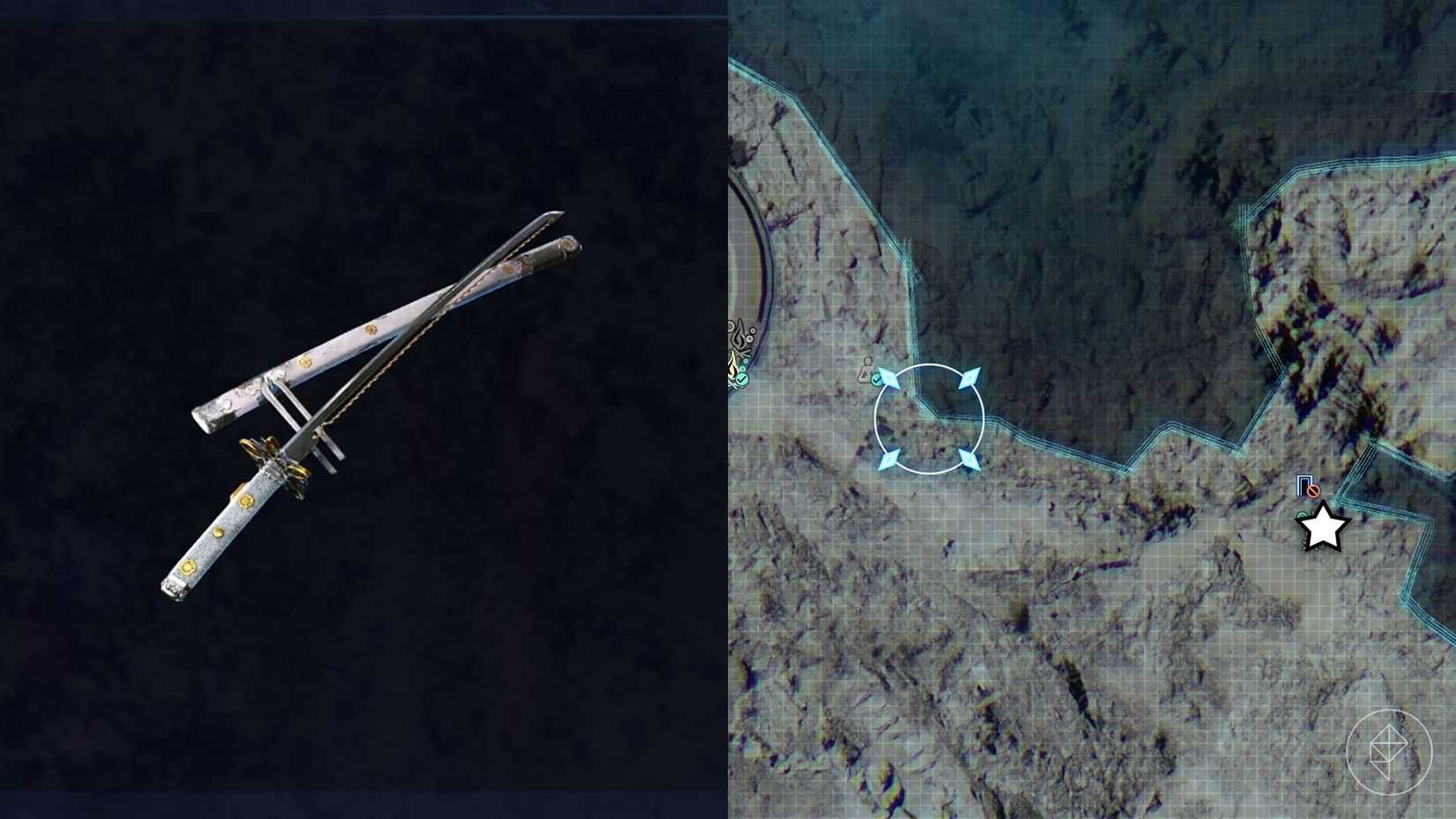 A montage of two Beast of Reincarnation images showing the location the Winterwake sword seller