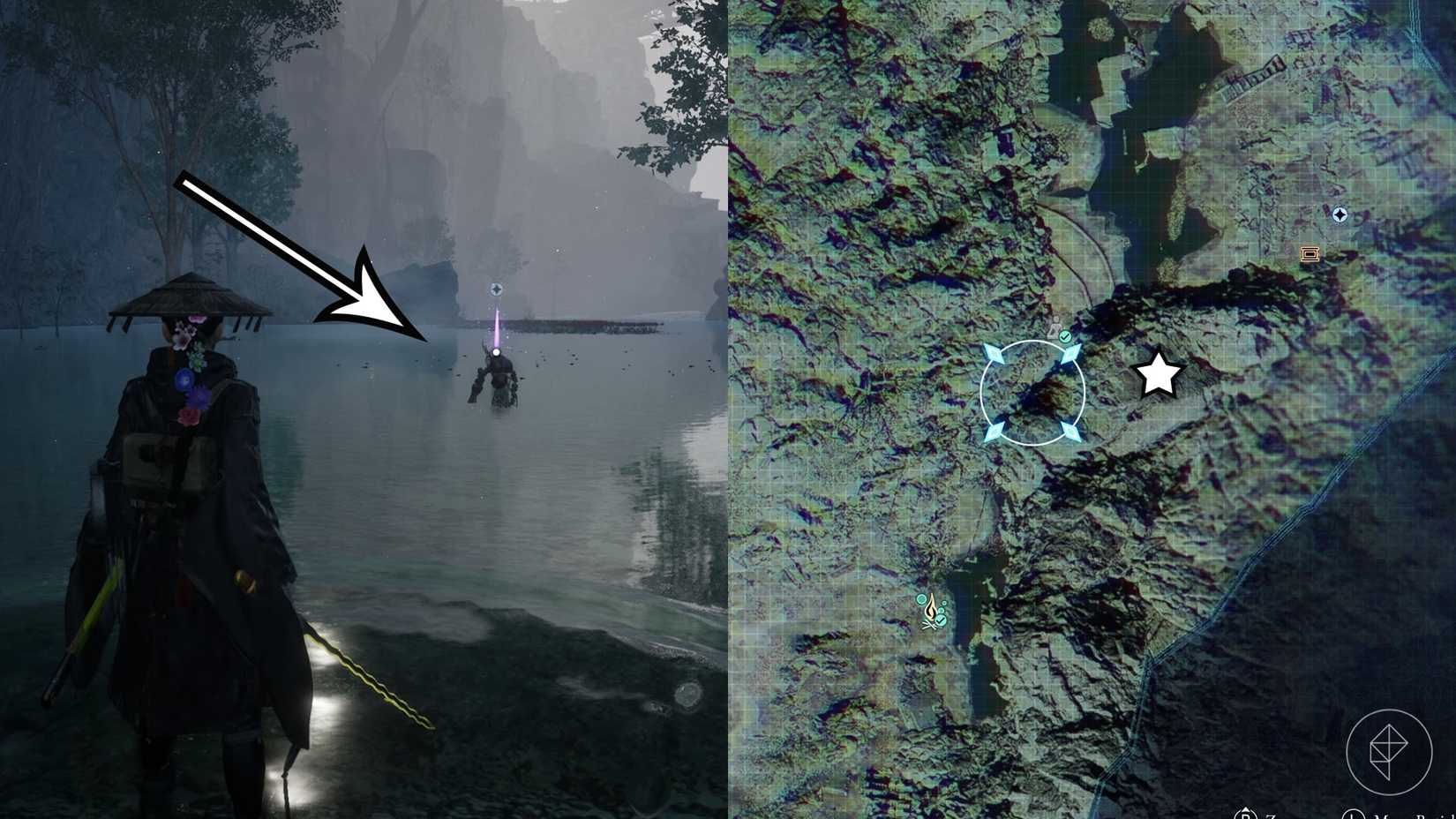 A montage of two Beast of Reincarnation images showing the location of a electronic brain