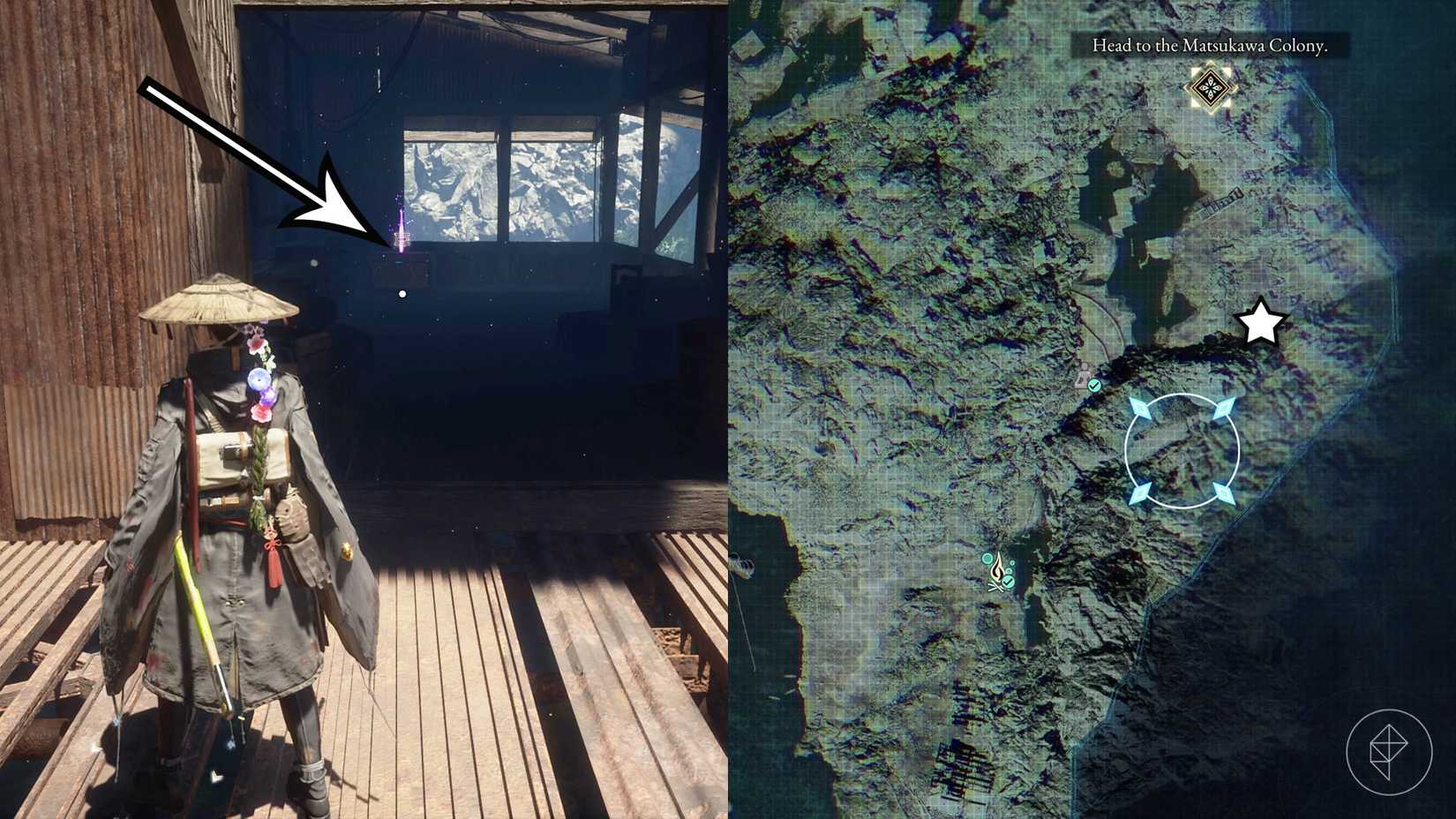 A montage of two Beast of Reincarnation images showing the location of a electronic brain