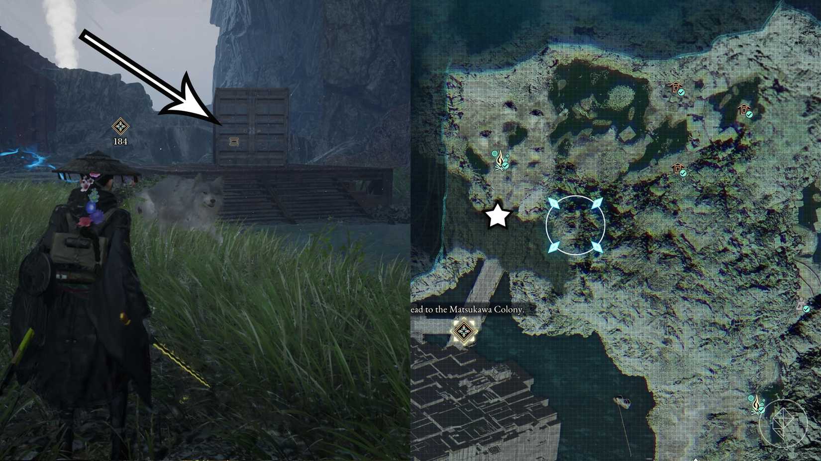 A montage of two Beast of Reincarnation images showing the location of a electronic brain