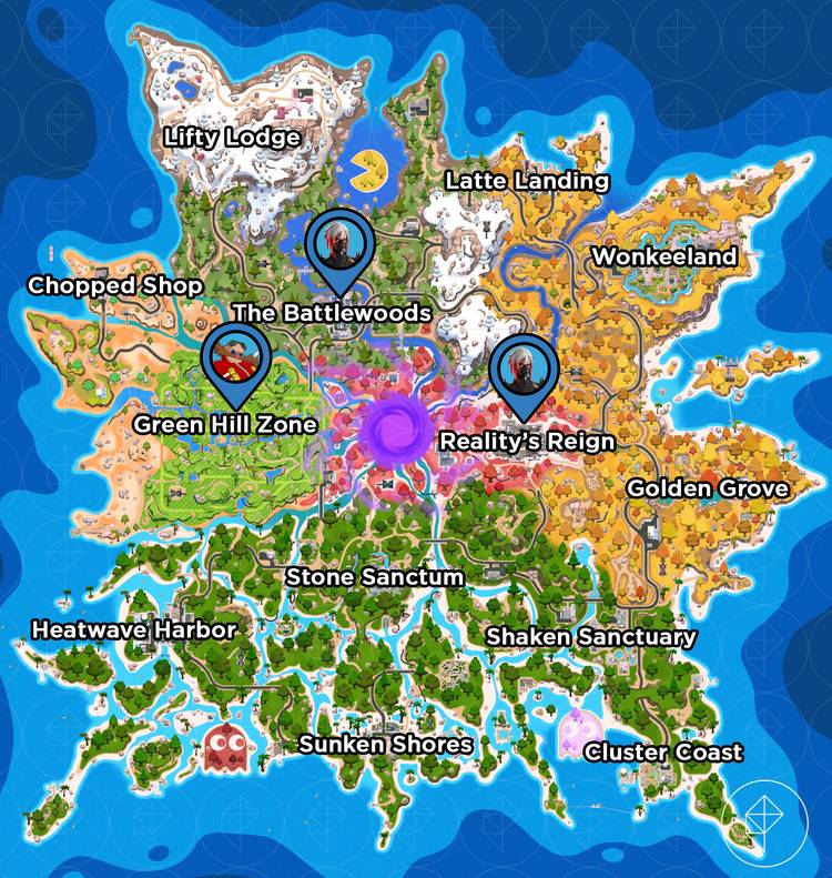 The locations of Dr. Eggman and Hush bosses marked on the Fortnite Chapter 7 Season 4 map.