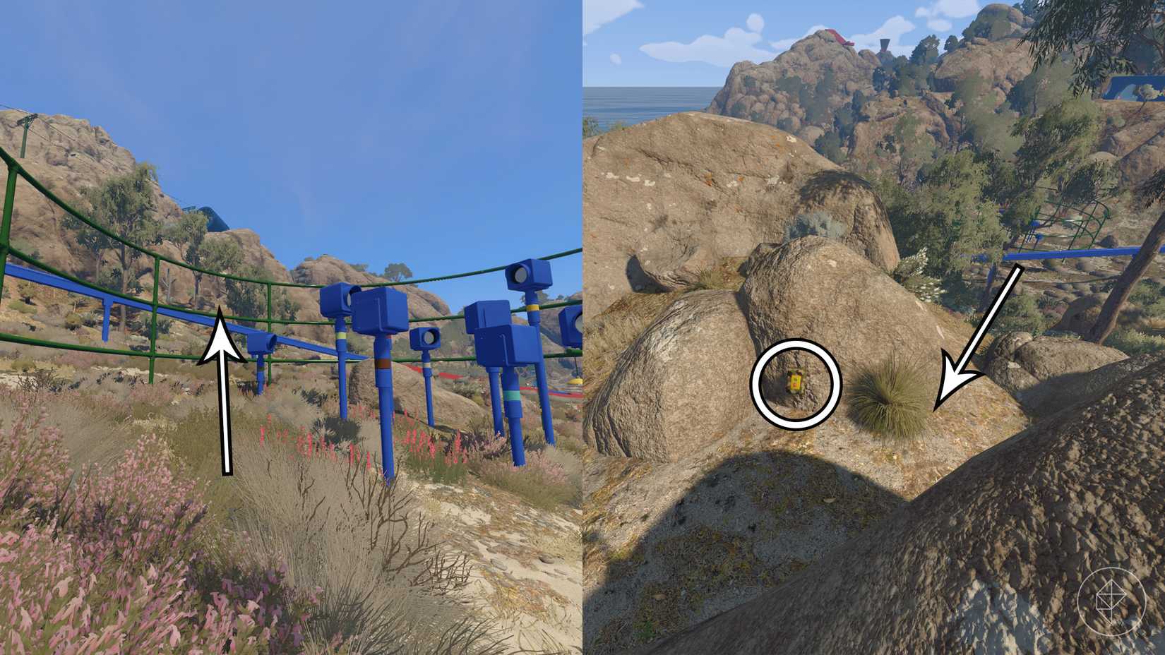 A bunch of screens on top of blue poles and a button on a rock in Big Walk.