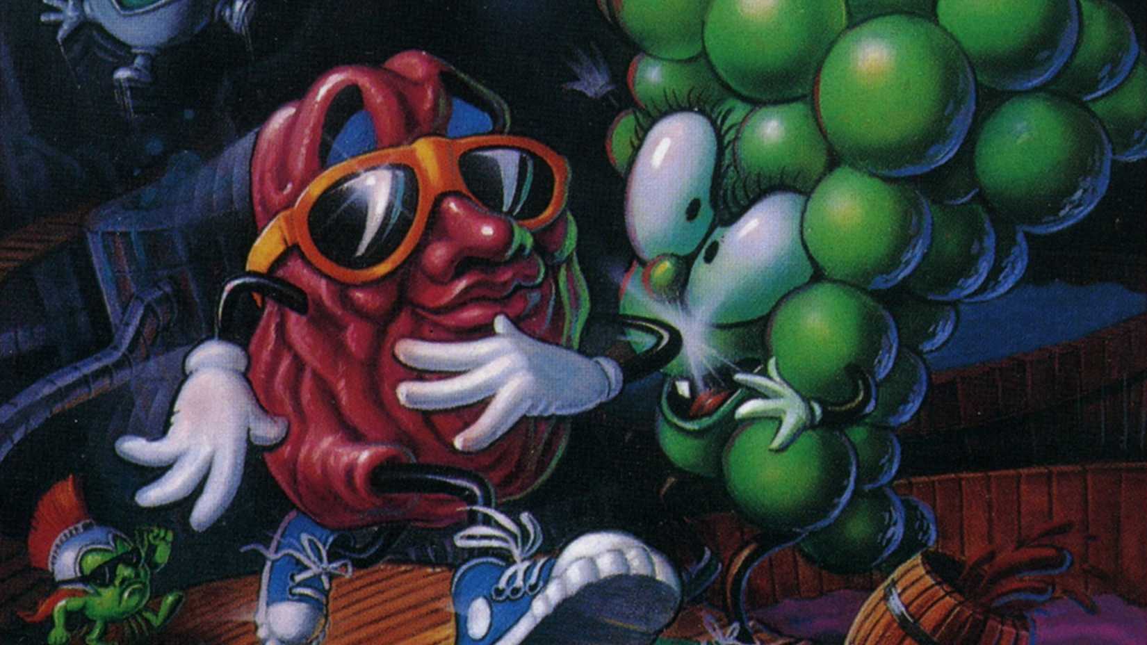 Cropped artwork from the planned cover for California Raisins: The Grape Escape shows a raisin in shades moving past a bunch of green grapes.