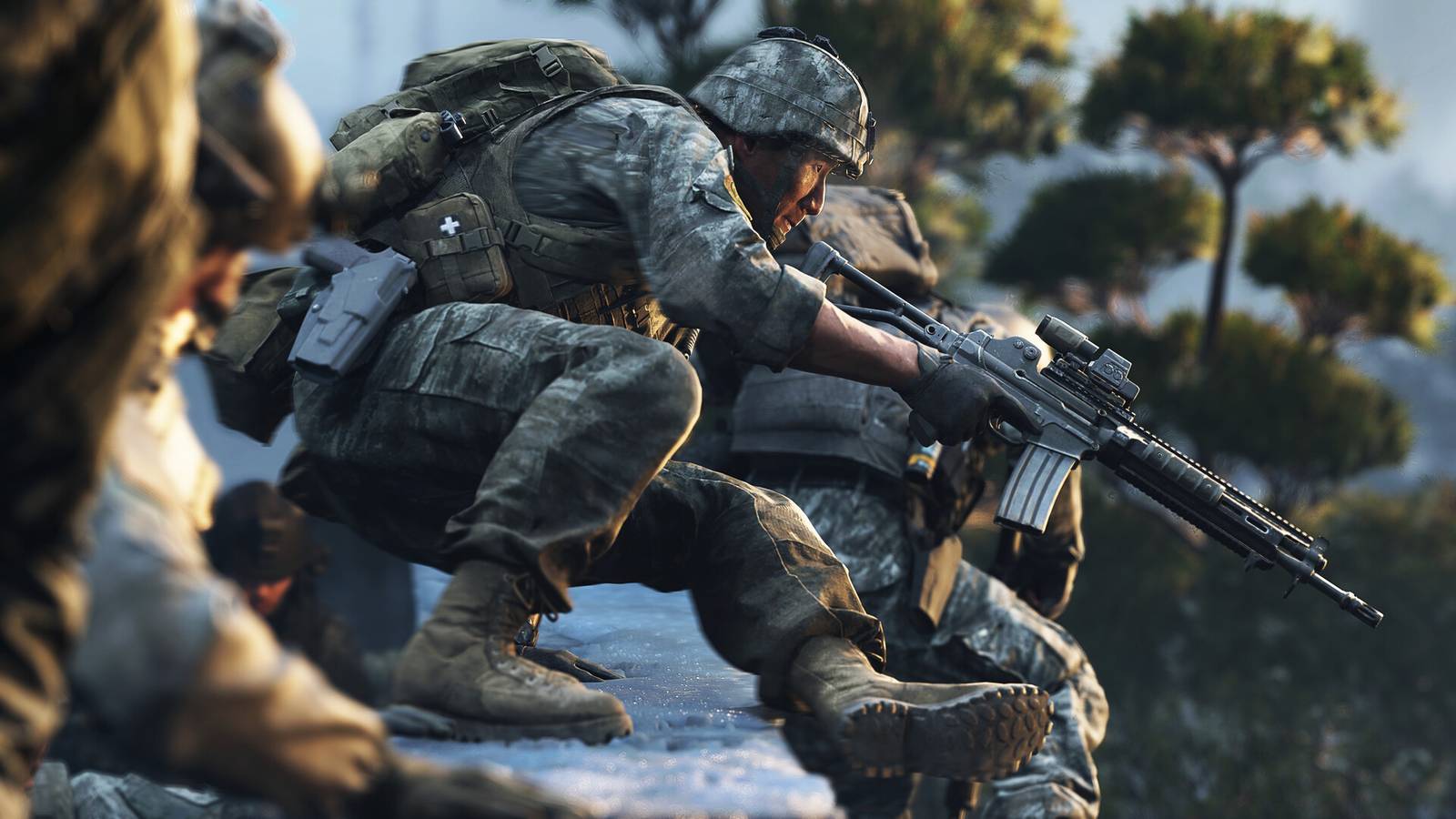Soldiers vaulting over a ledge with guns drawn.