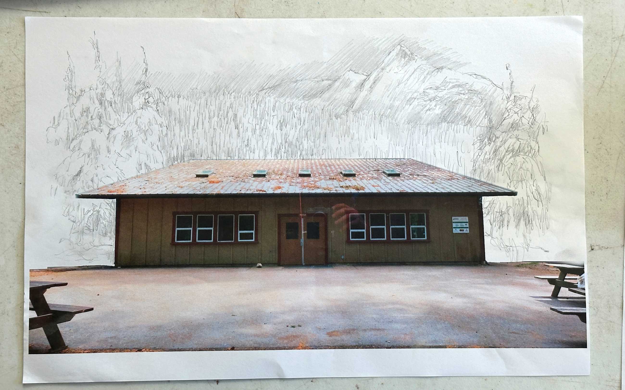 Initial sketch of Camp Miasma matte-painting