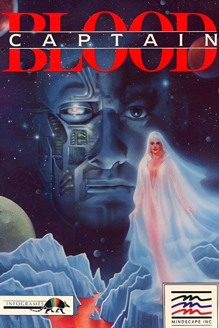 1980s airbrushed cover art for the Captain Blood game, showing a cyborg face, an alien landscape, and a diaphonous lady