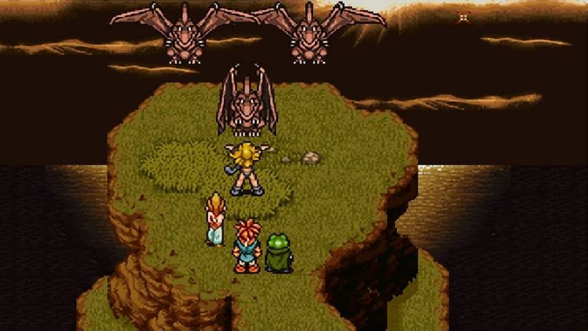 Chrono and co. on a mountaintop in Chrono Trigger facing three dinosaurs
