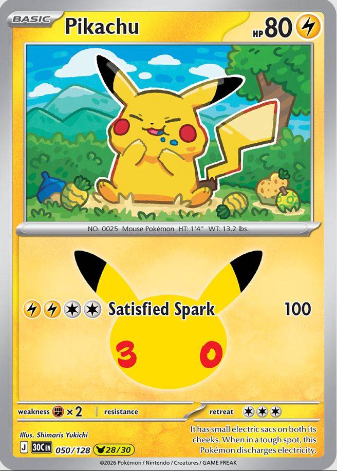 One of 30 cards in the upcoming Pokemon 30th anniversary TCG set, which depicts series mascot Pikachu gorging on berries.