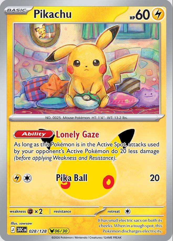 Illustrator SowSow's rendition of Pikachu in the upcoming Pokemon 30th anniversary set. The card tells a sad tale of a lonely Pikachu left behind by its master.