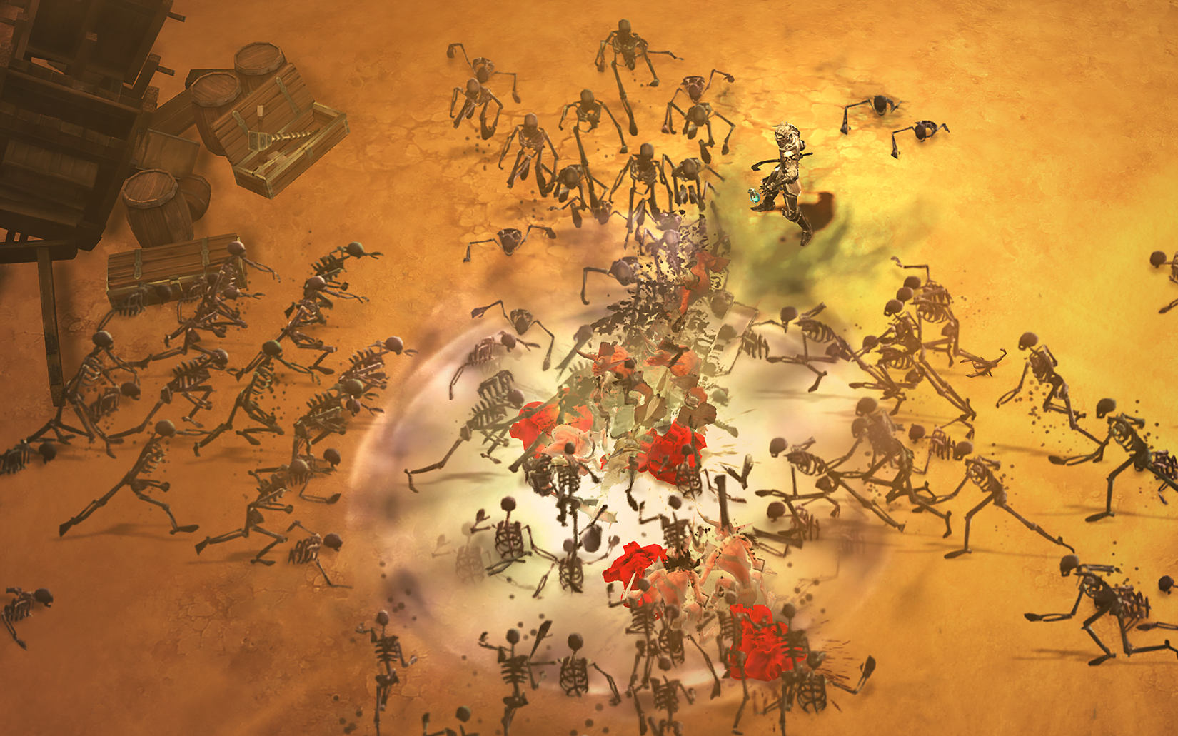 A Diablo 3 Necromancer is surrounded by enemies and a huge army of skeletons