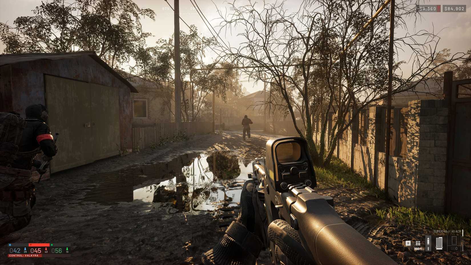 A screenshot from hardcore Steam shooter, Wardogs. The protagonist is holding a rifle while patrolling an area at dusk.
