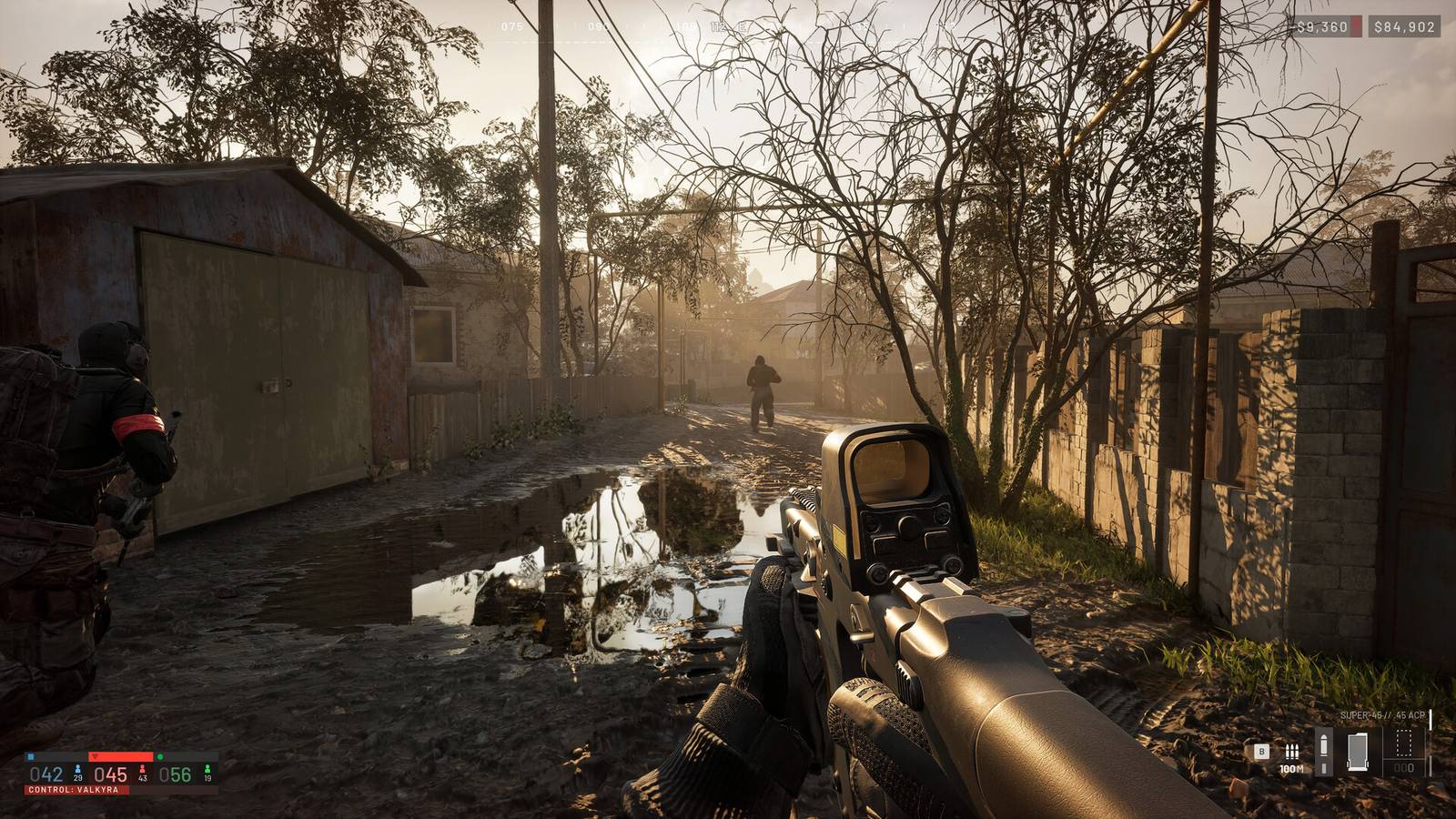 A screenshot from hardcore Steam shooter, Wardogs. The protagonist is holding a rifle while patrolling an area at dusk.