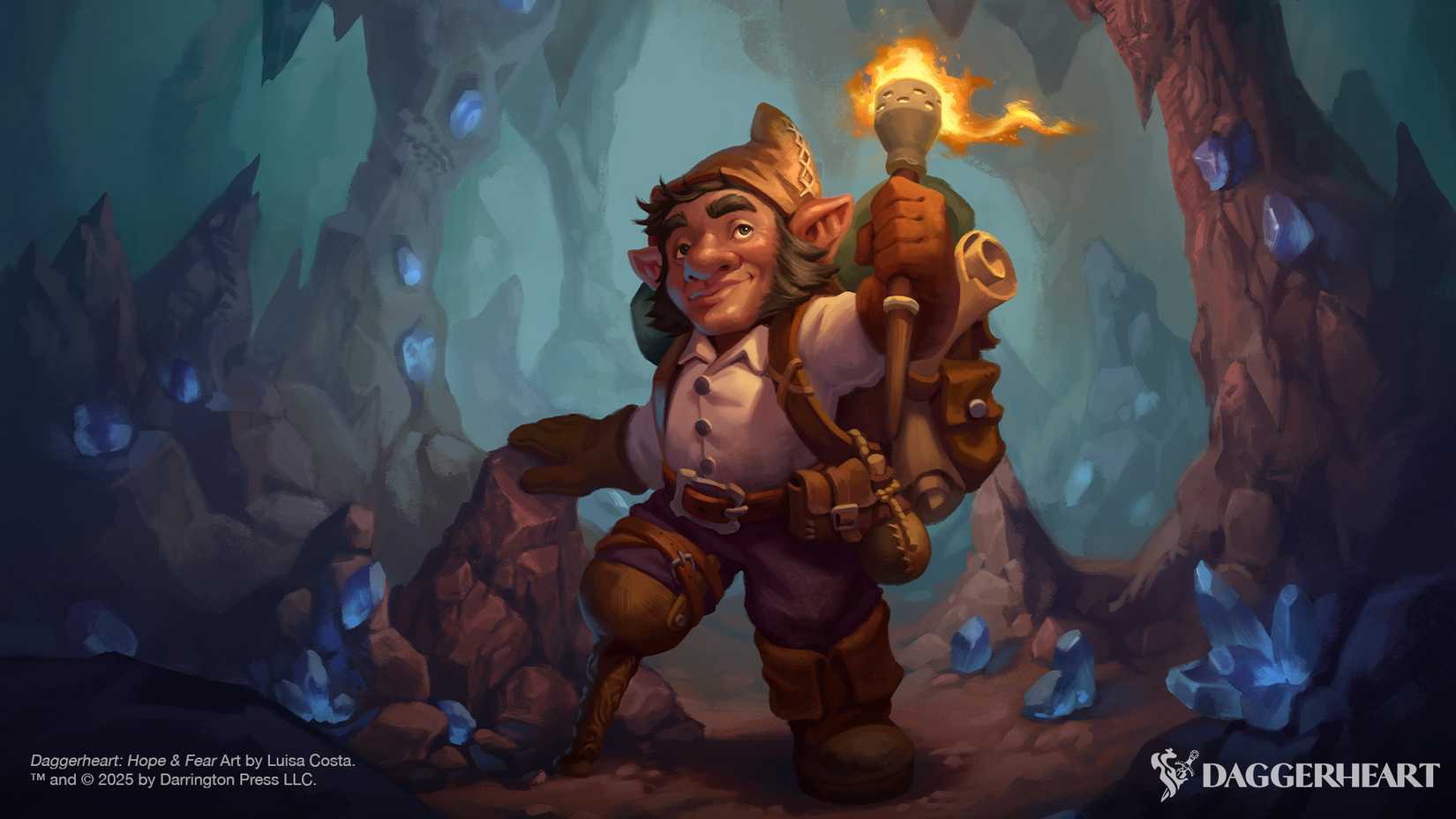 A gnome with a peg leg holds a torch while exploring a cave filled with crystals in art from Daggerheart: Hope & Fear