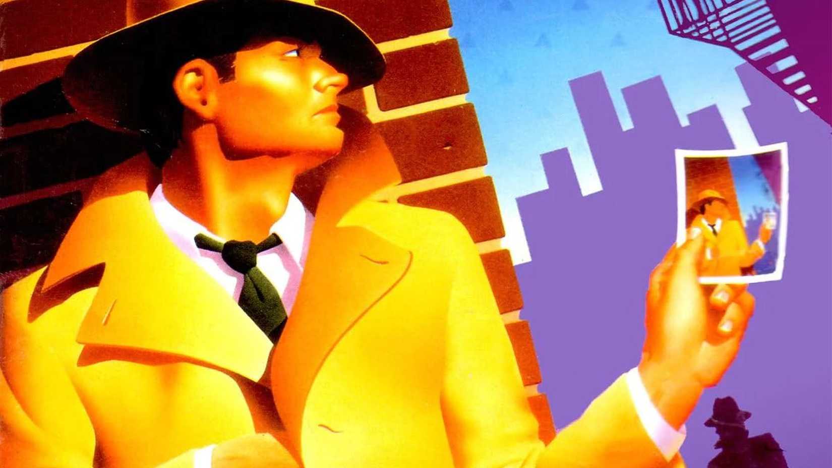 In artwork taken from the game's NES cover, detective Ace Harding stands against a brick building and looks toward a balcony while holding a photograph.