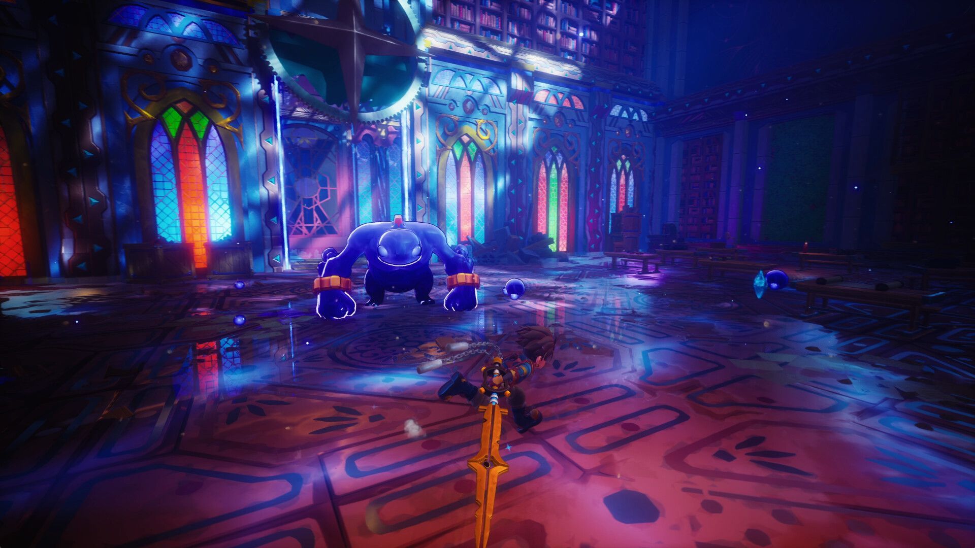 In this Duskfade screenshot, Zirian holds his sword as he circles an imposing nearby enemy.