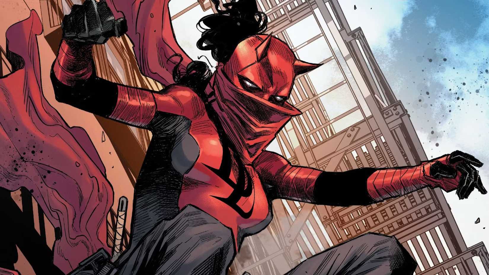 Elektra Natchios leaps from a building in her Daredevil garb, with loose pants, a flowing tunic and scarf, a horned daredevil mask, and her signature billowing hair, in Daredevil #25, Marvel Comics (2020)