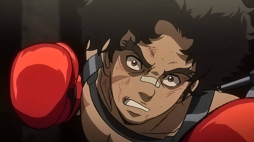 The closeup of a black haired man as he boxes his opponent in Megalobox