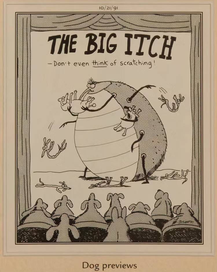 Dogs watch a flea-starring horror movie in The Far Side