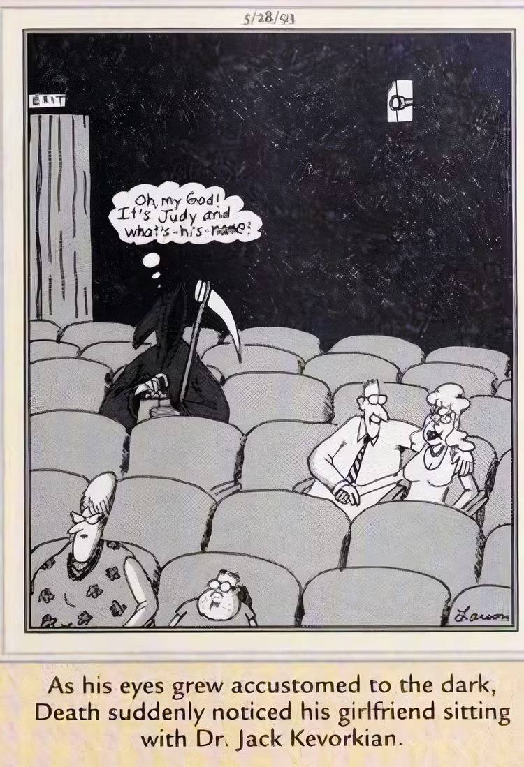 Grim Reaper attends the movies in a Far Side Comic