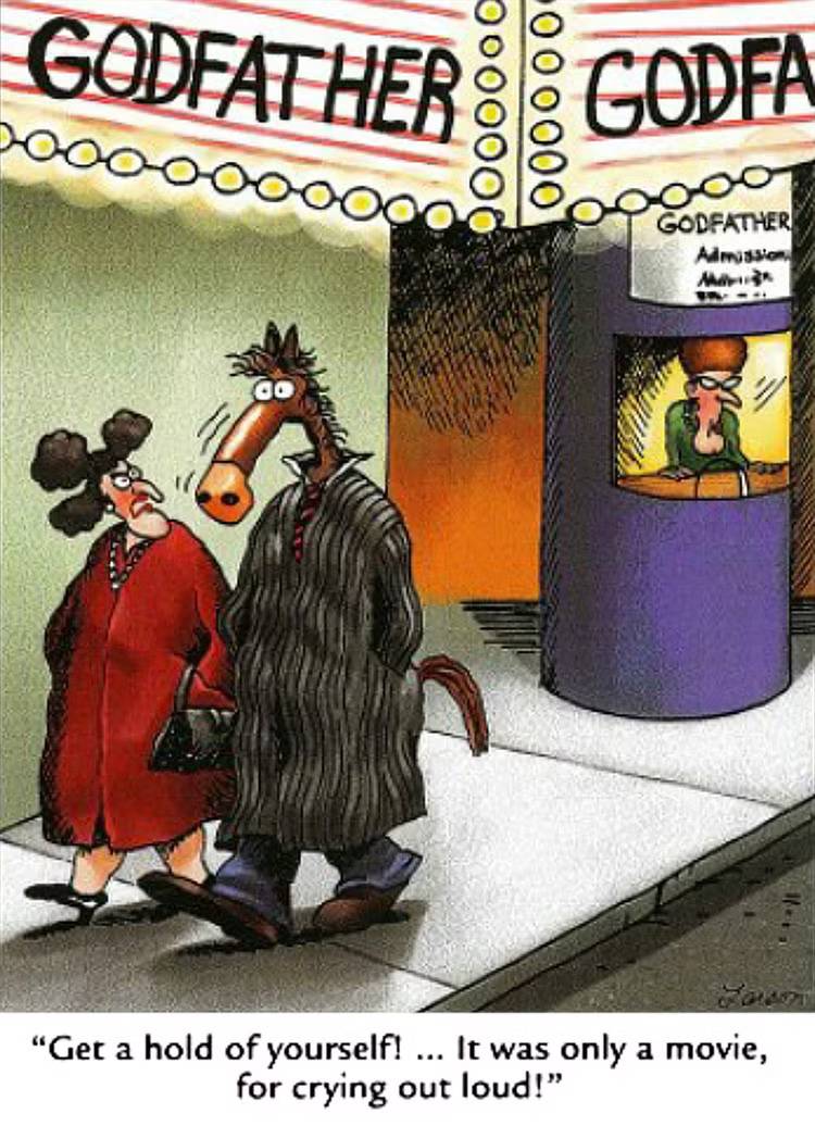 Horses are left reeling after watching The Godfather at the theater in The Far Side