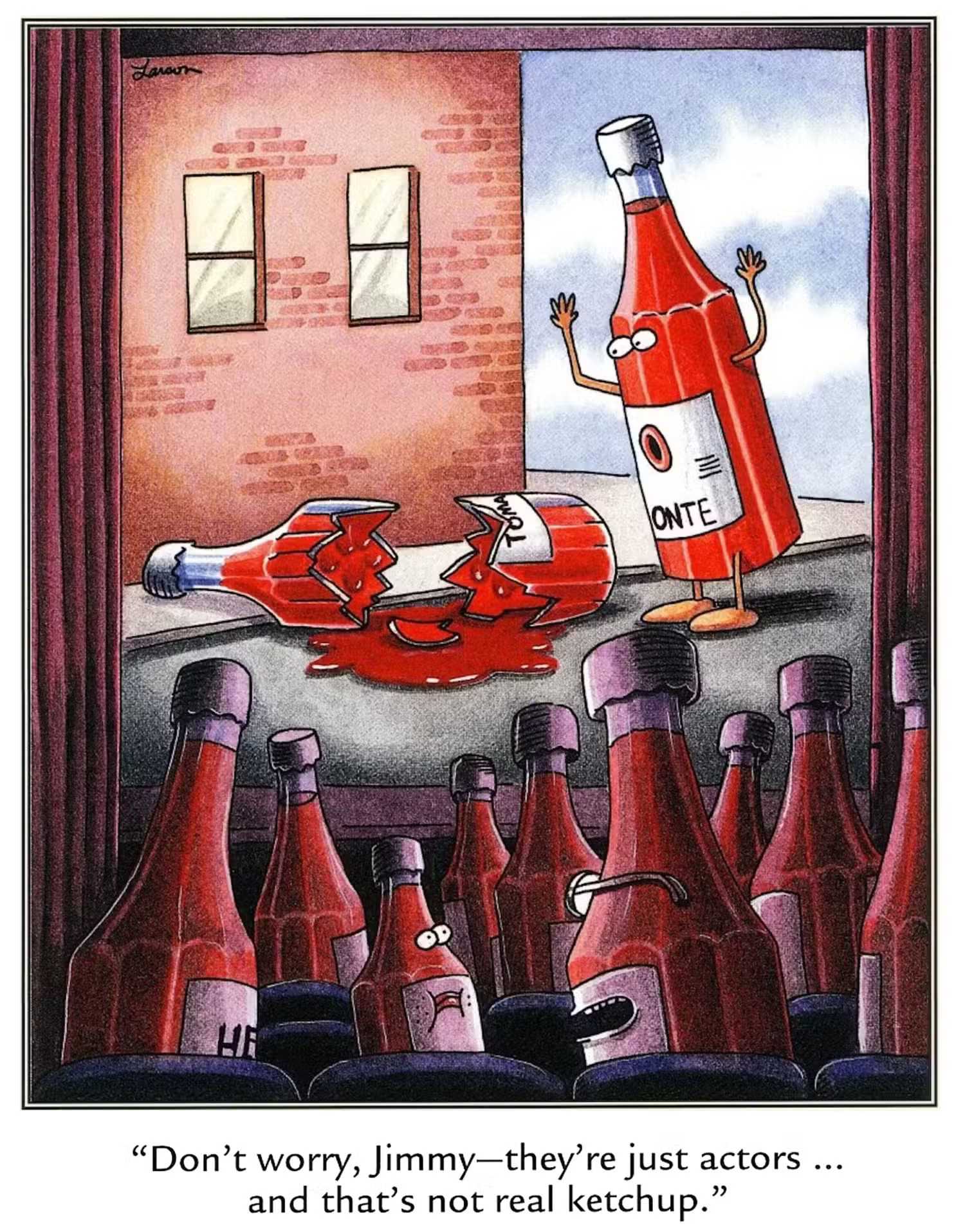 A horrified audience watches a movie where a ketchup bottle is broken on the street in The Far Side