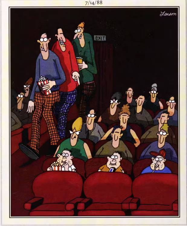 Tall people block the view of kids at the movies in a Far Side comic strip