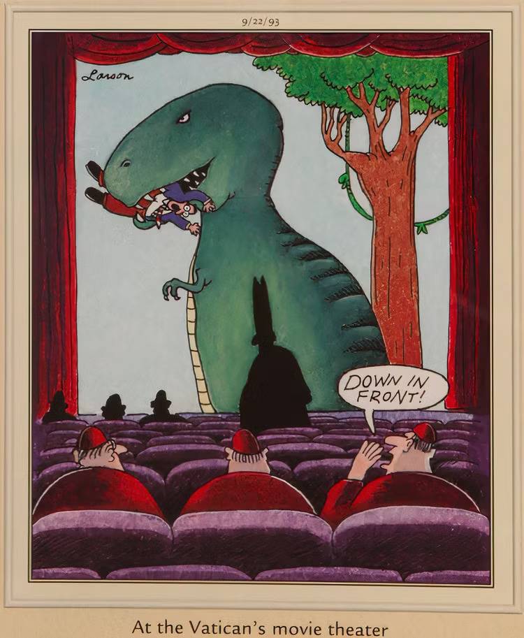 Members of The Vatican watch a movie in a Far Side comic