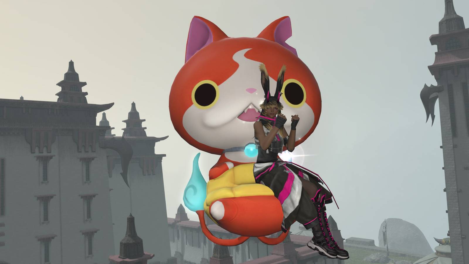 A Viera in tech gear excitedly sits in a Jibanyan Couch mount in FFXIV