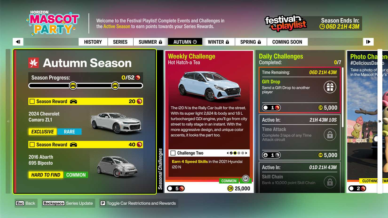A Forza Horizon 6 screenshot showing the challenges and rewards for the second week in the Horizon Mascot Party playlist