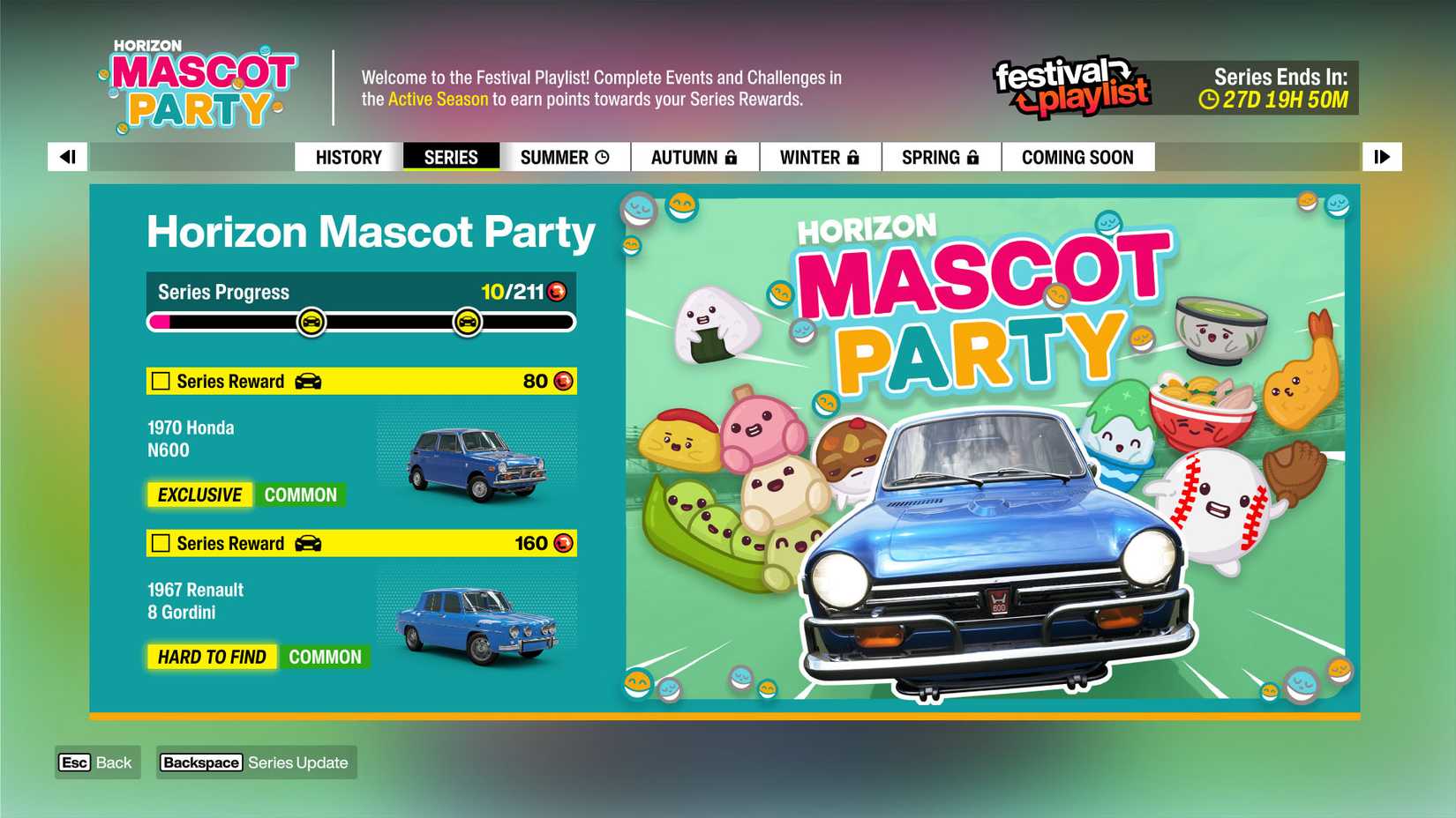 A Forza Horizon 6 screenshot showing the series rewards of the Horizon Mascot Party
