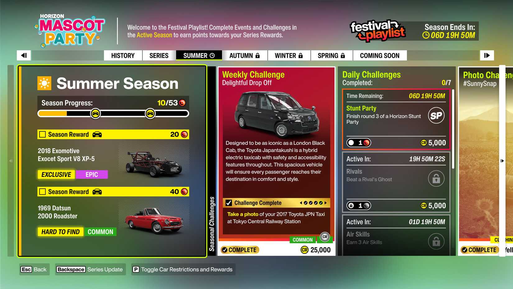 A Forza Horizon 6 screenshot showing the series 4 summer rewards