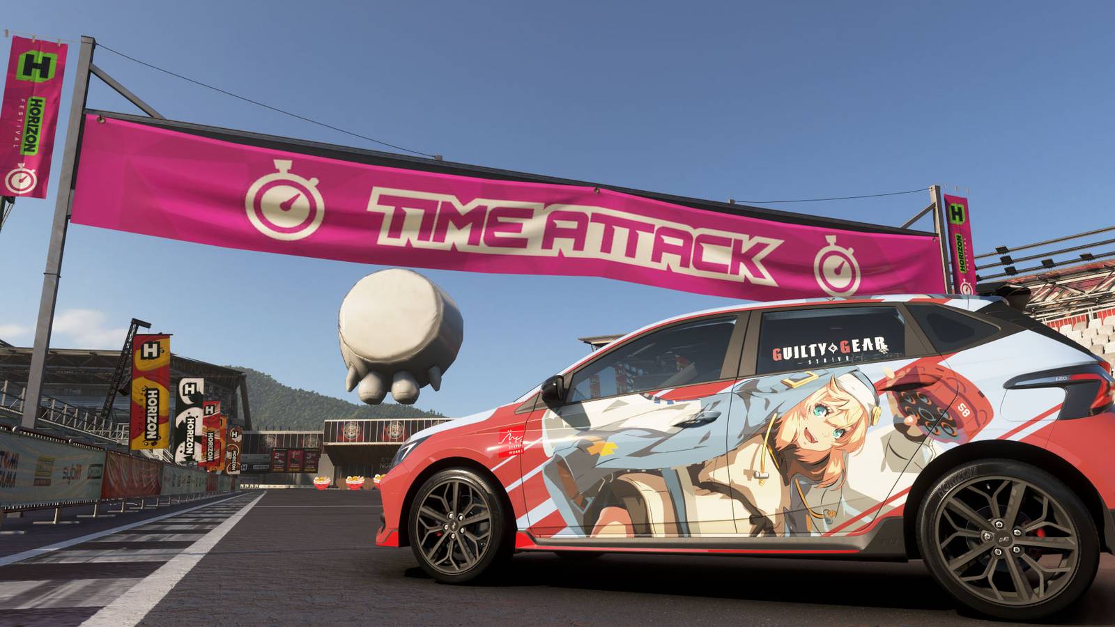 A Forza Horizon 6 screenshot showing a Hyundai i20 N in front of a time attack banner